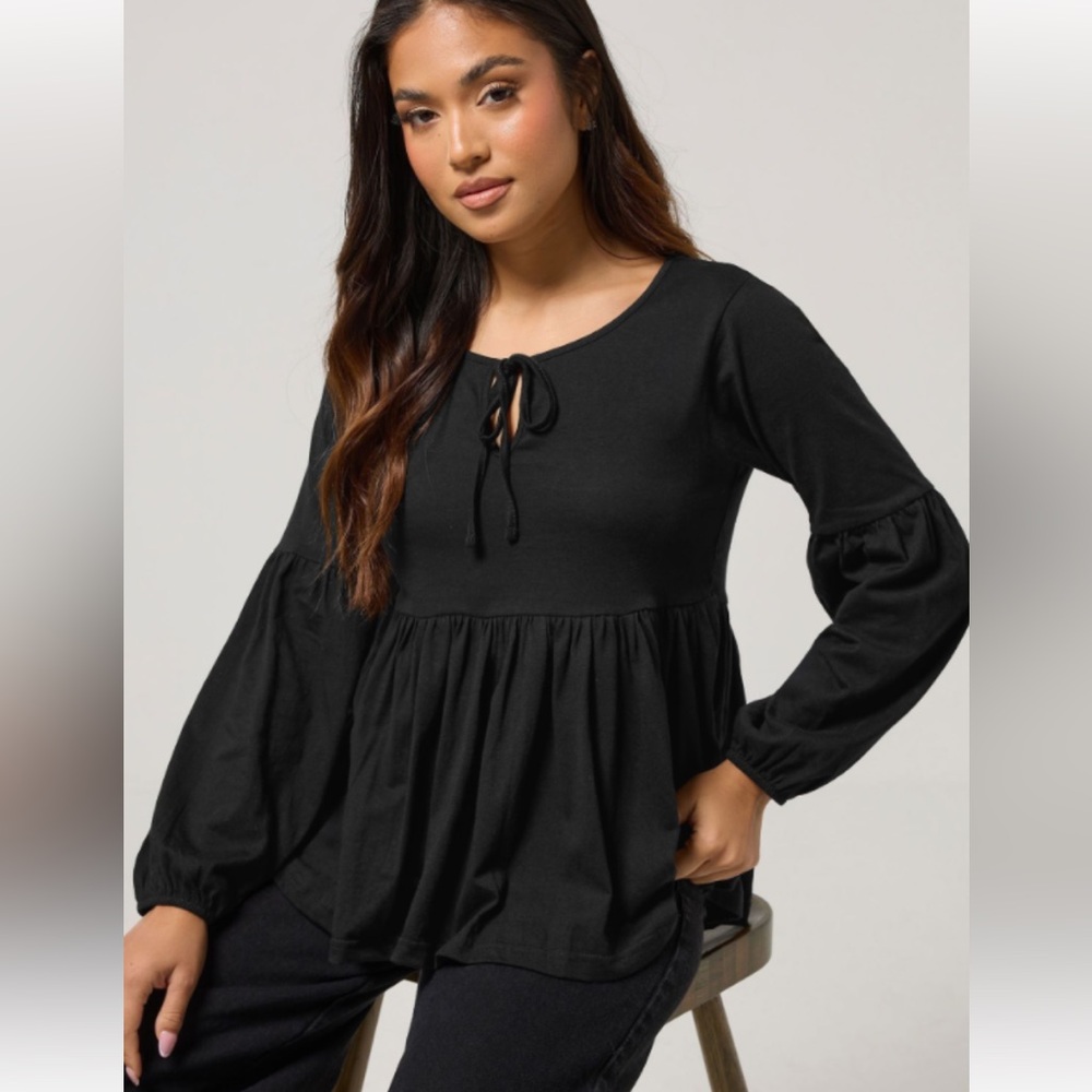 C+D+M Black Tie Front Long Sleeve Babydoll Top Blouse - XLARGE NWOT